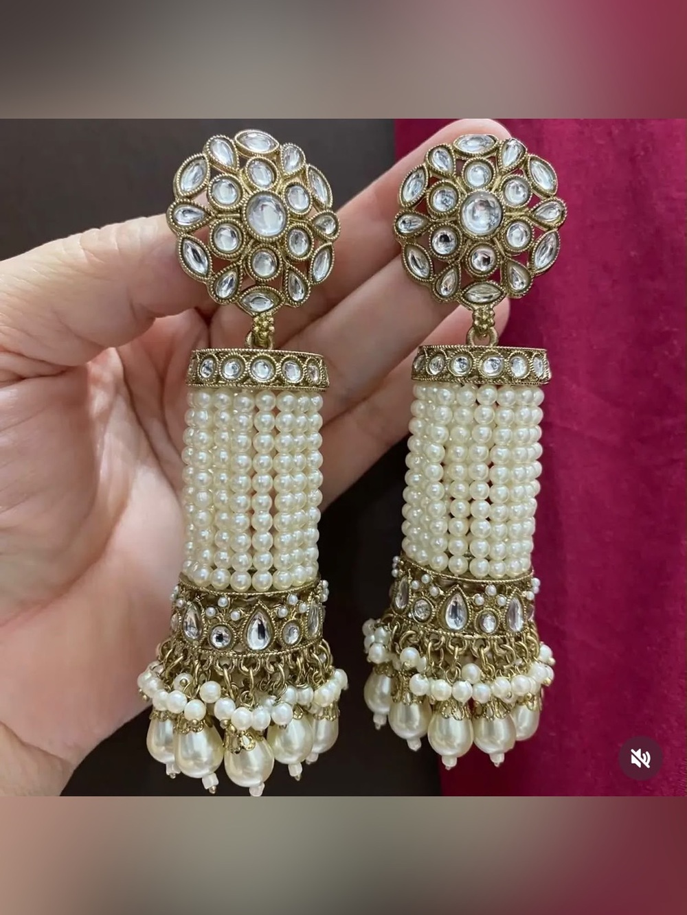 Gold-Tone Pearl Jhumka Earrings with Ivory Bead Tassels